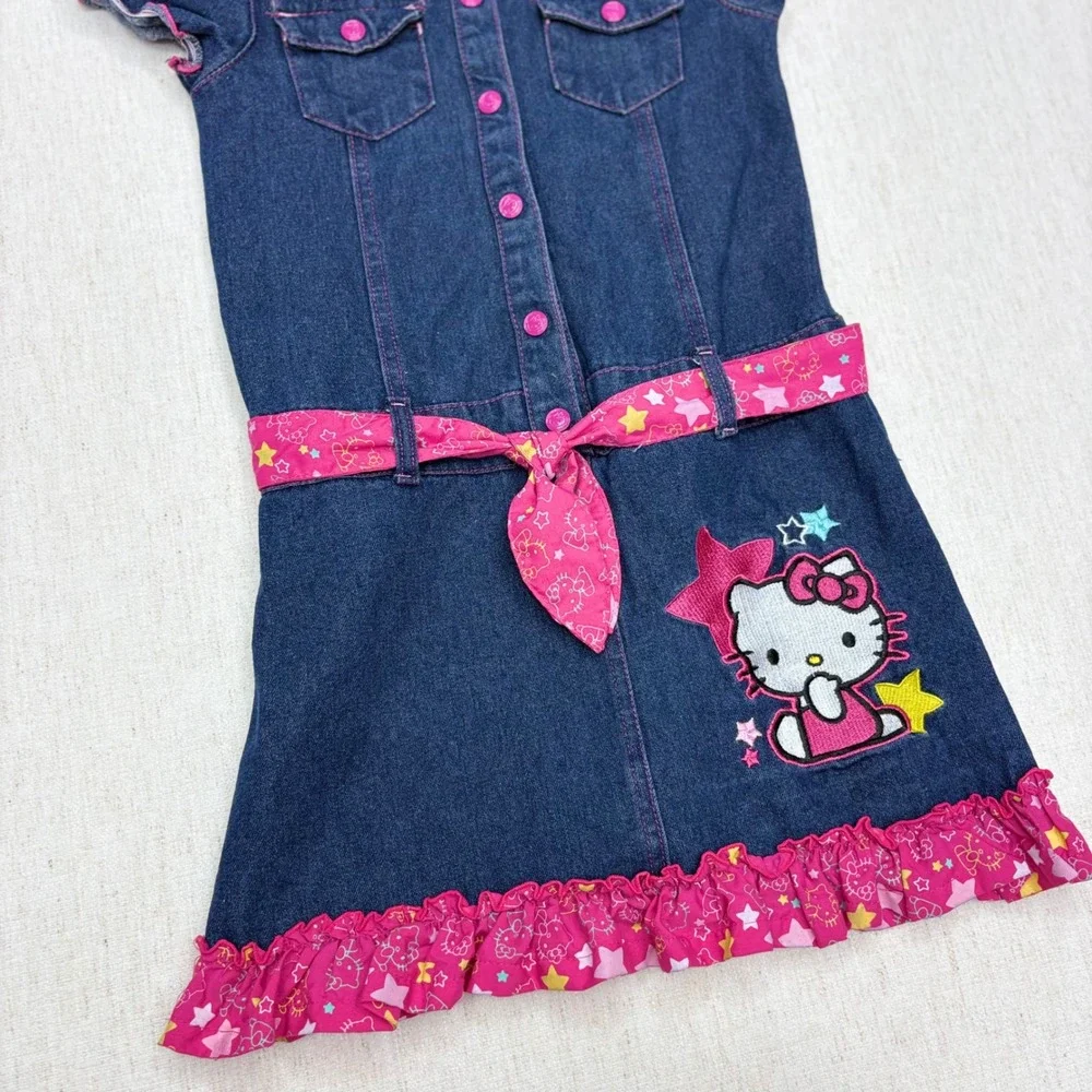 Hello Kitty Girls Denim Shirt Dress Blue Pink Ruffle Embroidered Size 12 Y2K